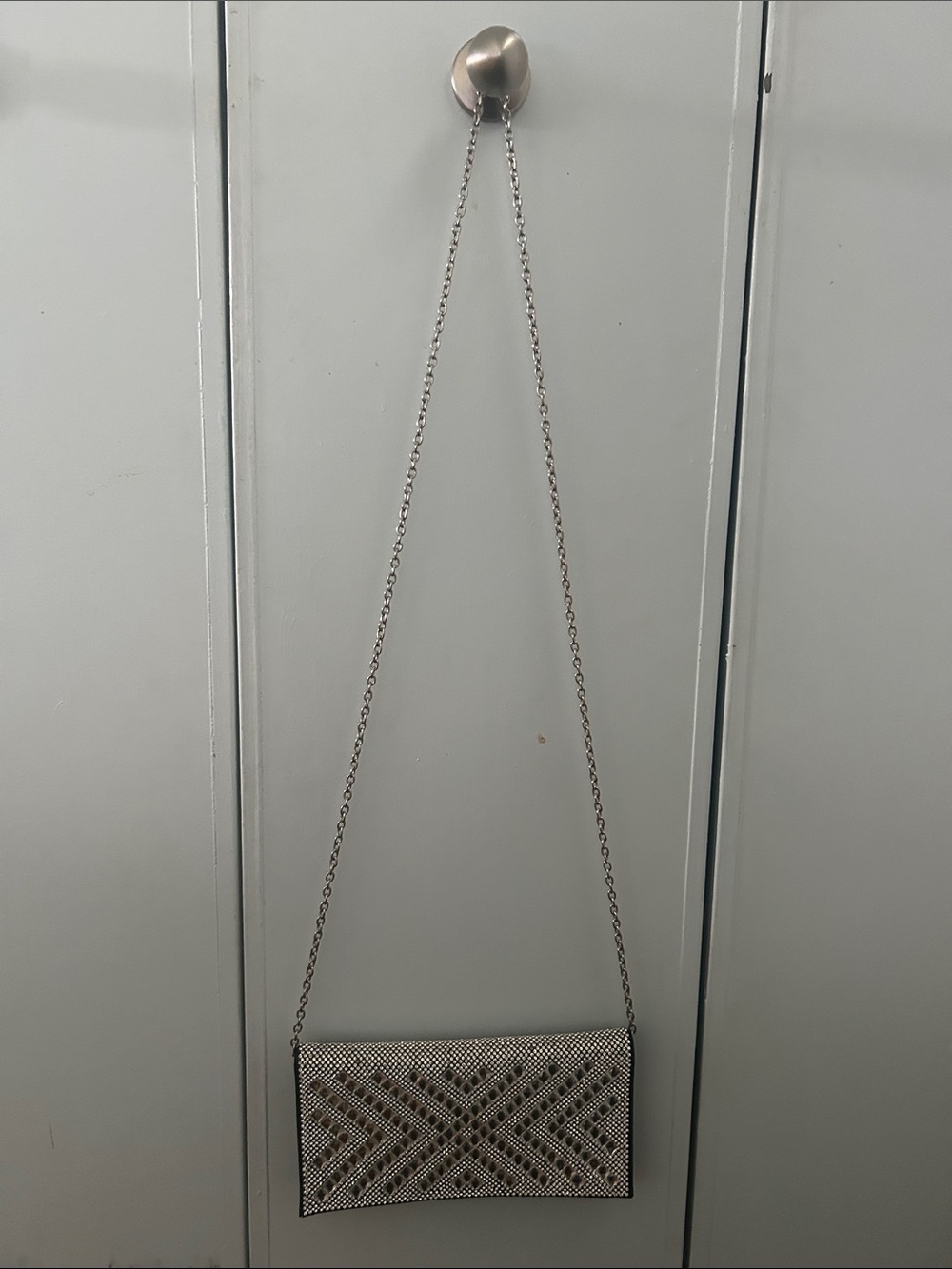 Silver Beaded Chevron Clutch with Chain Strap